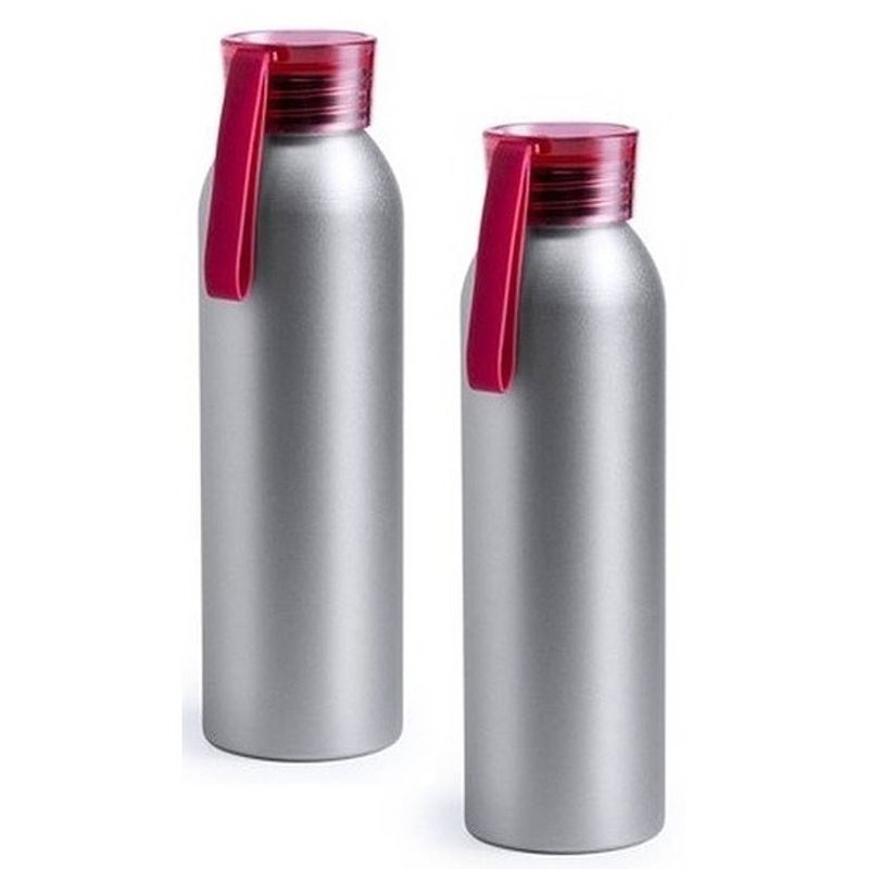 Foto van 2x aluminium drinkfles/waterfles met rode dop 650 ml - drinkflessen