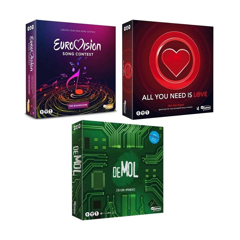 Foto van Spellenbundel - 3 stuks - eurovisie songfestival spel & all you need is love bordspel & wie is de mol de code opdracht