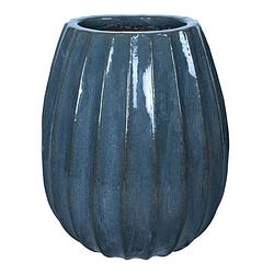 Foto van Ptmd lionne blue ceramic pot ribbed bulb round l