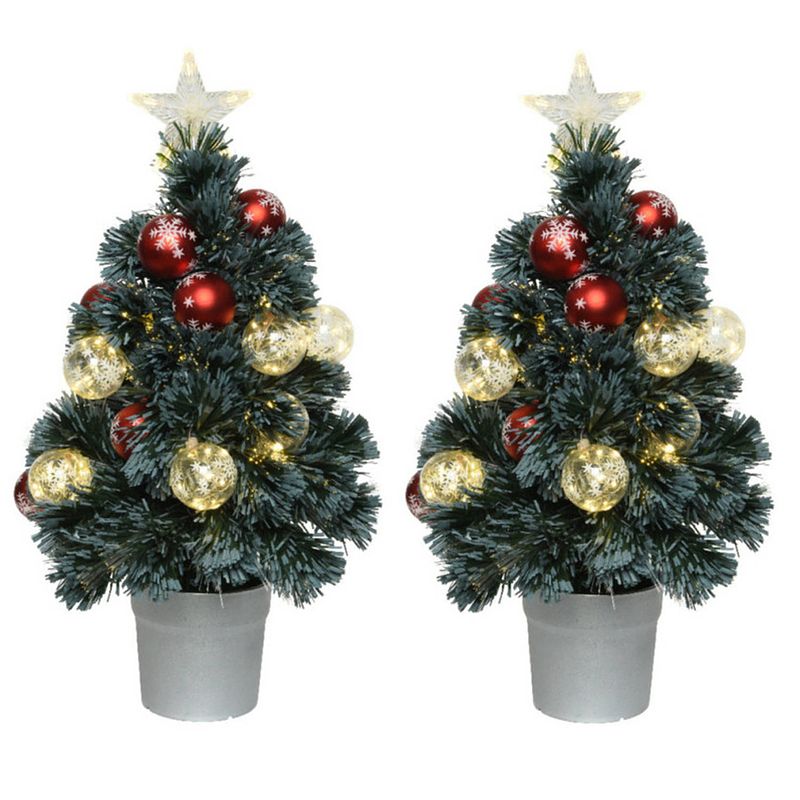 Foto van 2x stuks fiber optic kerstbomen/kunst kerstbomen met verlichting en kerstballen 60 cm - kunstkerstboom