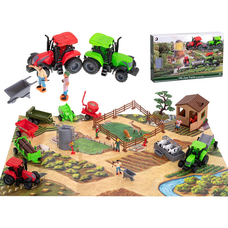 Foto van 48-delige speelgoed boerderij met dieren, speelmat en tractoren - boerderijspeelgoed