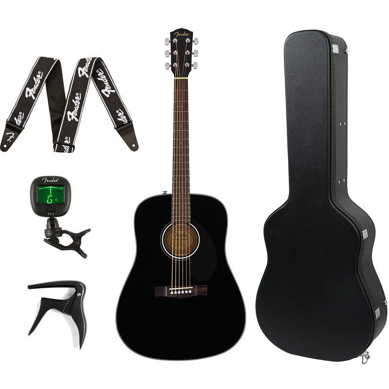 Foto van Fender cd-60s black akoestische westerngitaar + koffer + accessoires