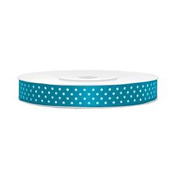 Foto van 1x hobby/decoratie turquoiseblauw satijnen sierlinten met witte stippen 1,2 cm/12 mm x 25 meter - cadeaulinten