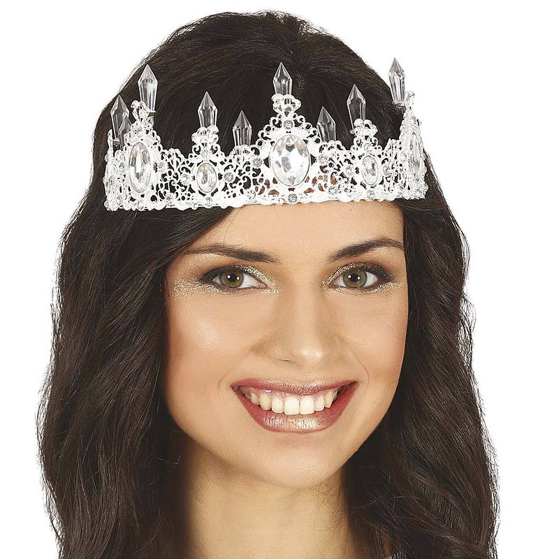 Foto van Guircia verkleed diadeem/tiara kroon met edelstenen - zilver - metaal - voor volwassenen - verkleedhoofddeksels