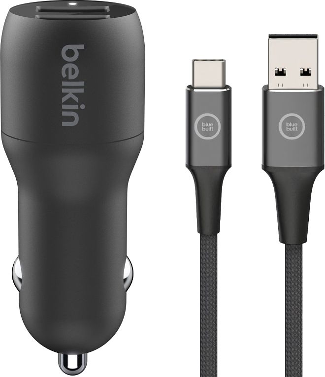 Foto van Belkin autolader met 2 usb poorten 12w + bluebuilt usb c kabel 1,5m nylon zwart