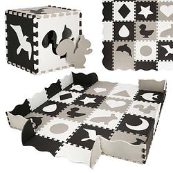 Foto van Speelmat speelmat foam puzzelmat figuren 16 puzzelstukken 150 x 150 cm zwart/wit/grijs