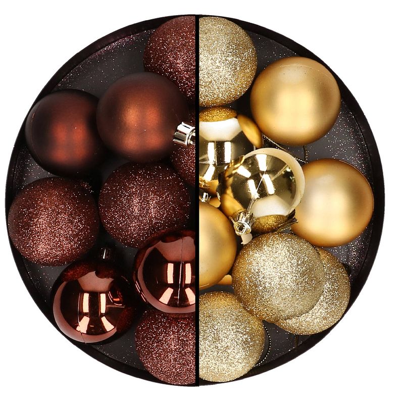 Foto van 24x stuks kunststof kerstballen mix van donkerbruin en goud 6 cm - kerstbal