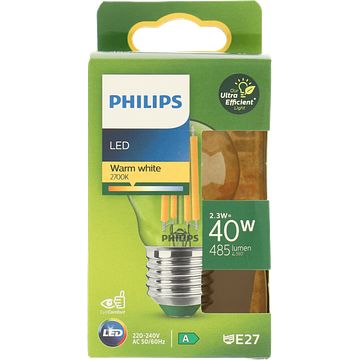 Foto van Philips ultra efficient led kogellamp transparant 40 w e27 warmwit licht bij jumbo