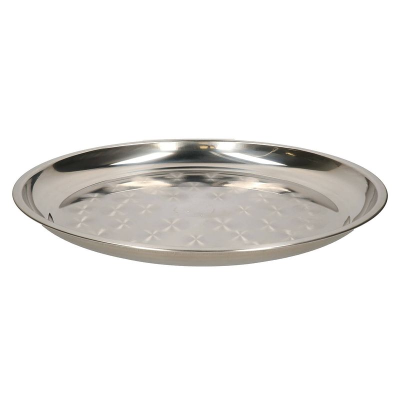 Foto van B-home serveerschaal/dienblad - plat - rond - zilver - rvs - dia 40 cm - voedsel serveren - serveerschalen