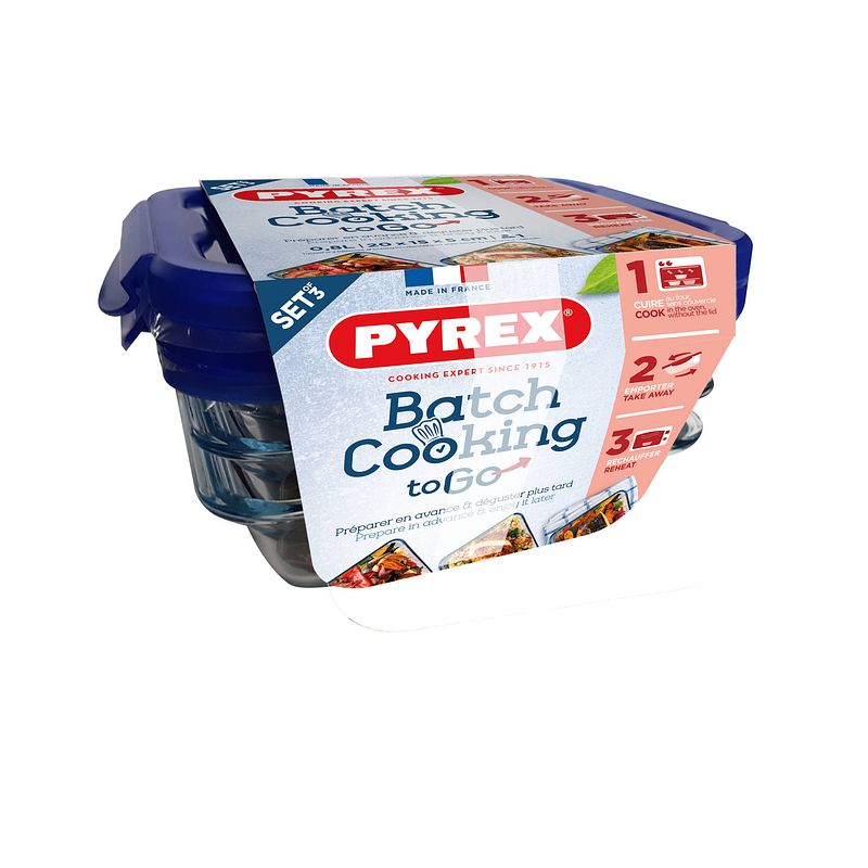 Foto van Pyrex batchcooking to go 3 rechthoekige schalen met 4 flaps deksel 20x15x5 cm - 0,80l