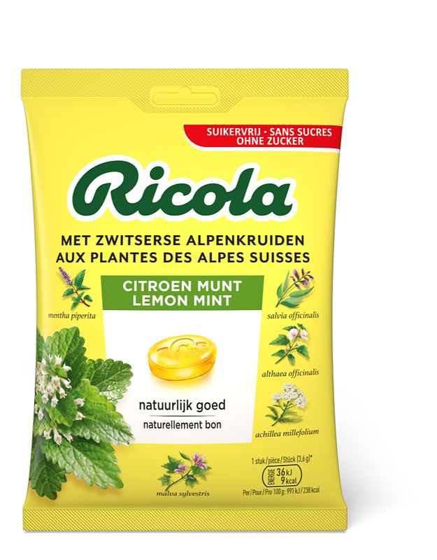 Foto van Ricola citroen munt suikervrij pastilles 20 stuks 75g bij jumbo