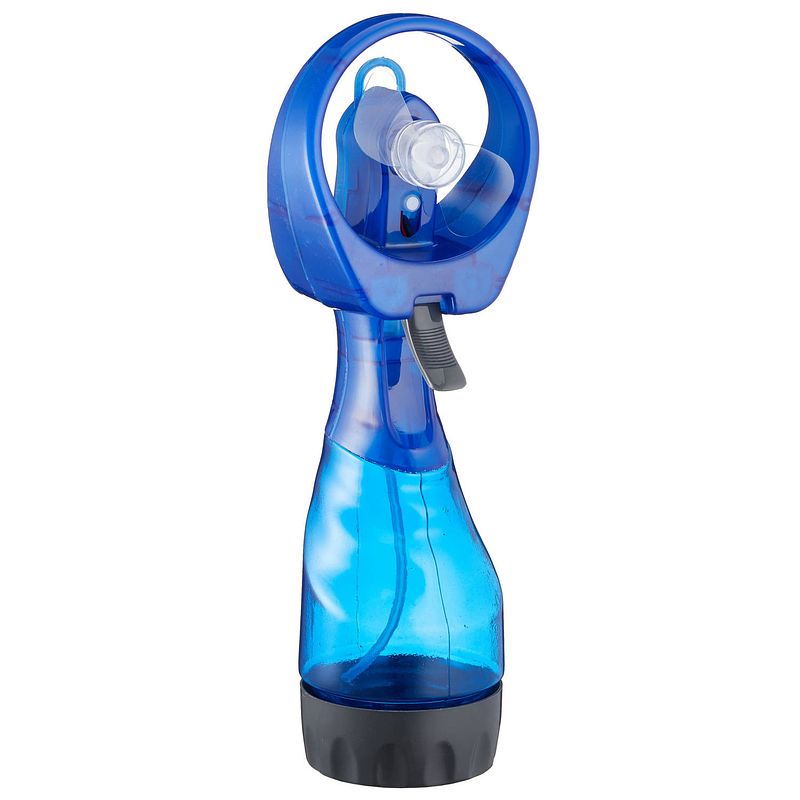 Foto van Cepewa ventilator/waterverstuiver voor in je hand - verkoeling in zomer - 25 cm - blauw - handventilatoren