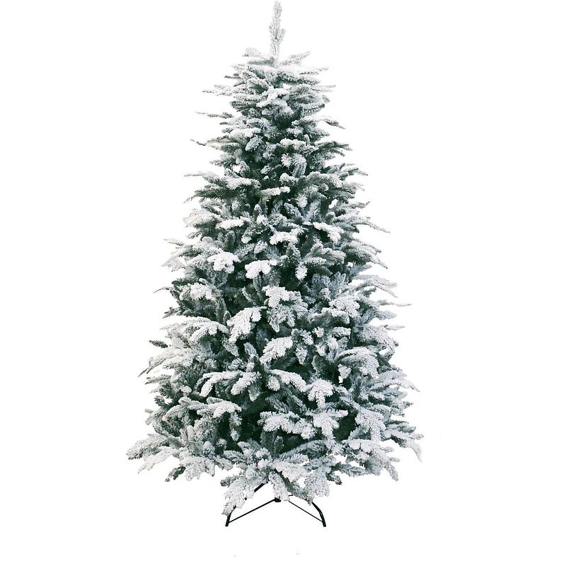 Foto van Oslo snow pine kunstkerstboom - 150 cm - groen - ø 88 cm - 1.110 tips - besneeuwd - metalen voet