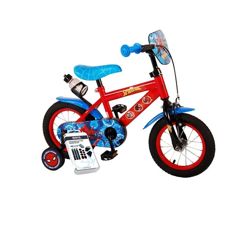 Foto van Volare kinderfiets spider-man - 12 inch - met bidonhouder - inclusief ways bandenplakset