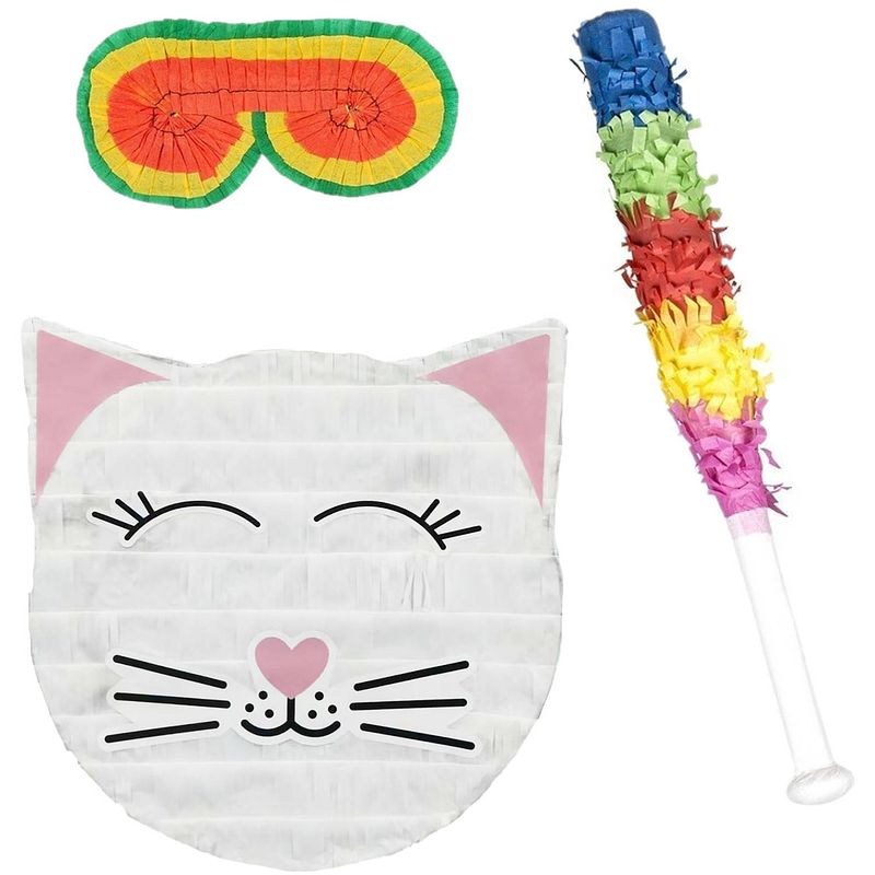 Foto van Verjaardag pinata kat/poes van 33 x 34 cm - set met stok en masker - pinatas