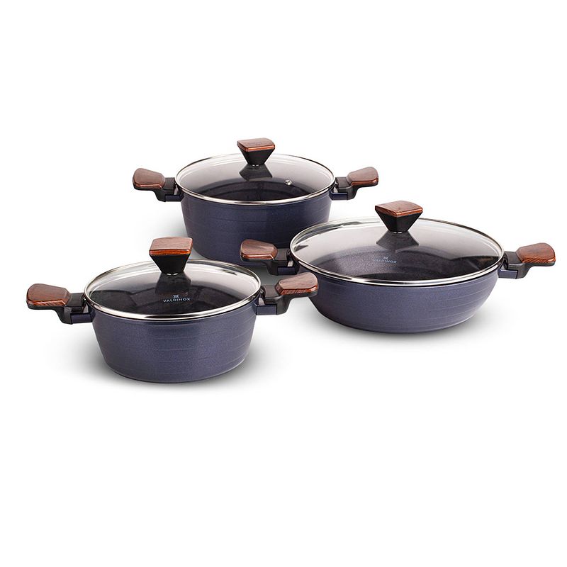 Foto van Valdinox imperial exclusieve blauwe 6-delige aluminium pannenset met non-stick coating - geschikt voor inductie