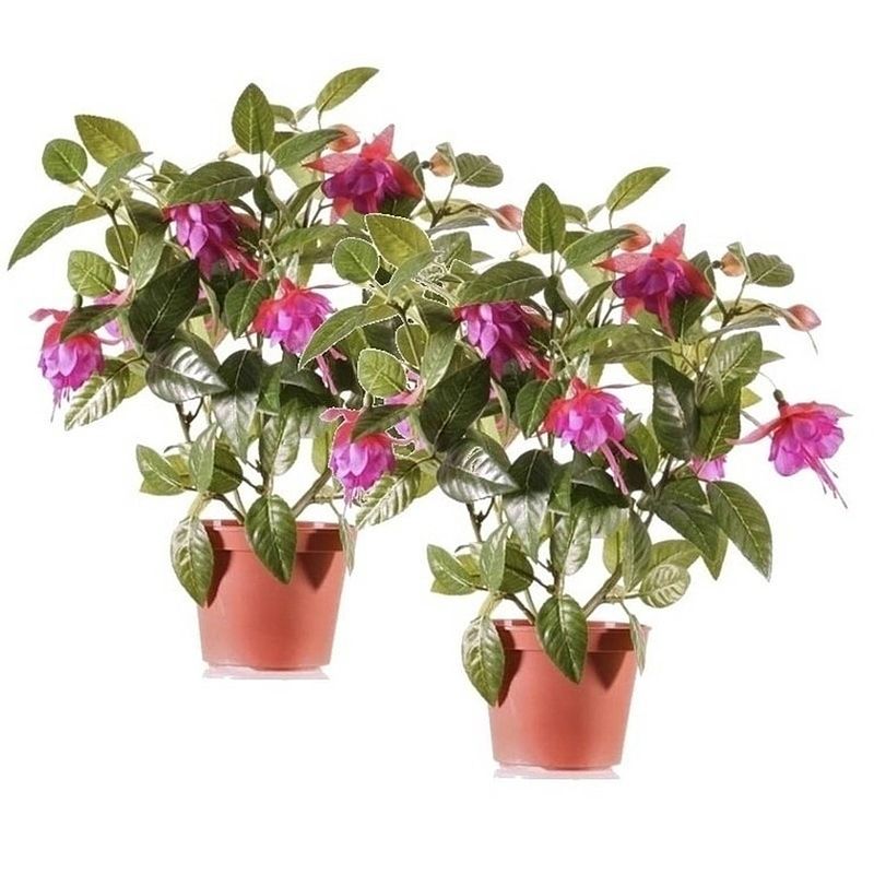 Foto van 2x fuchsia kunstplanten donkerroze bloemen in pot 30 cm - kunstplanten