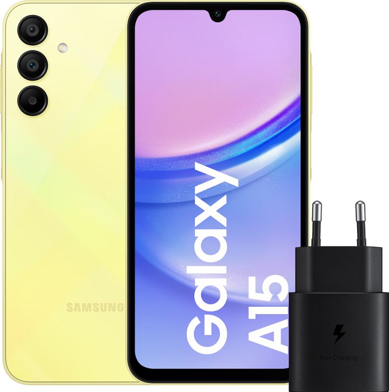 Foto van Samsung galaxy a15 128gb geel 5g + samsung oplader 25 watt zwart