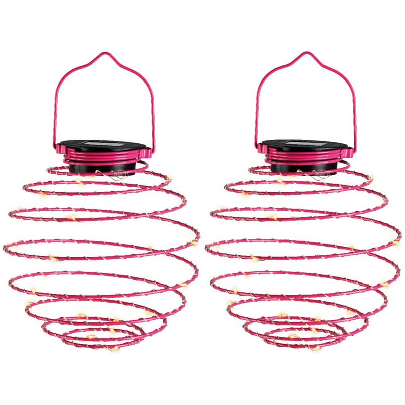 Foto van Lumineo hanglamp - 2x - solar verlichting - fuchsia roze - d16 cm - metaal - tuinverlichting - buitenverlichting