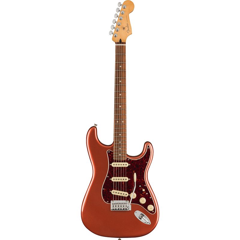 Foto van Fender player plus stratocaster pf aged candy apple red elektrische gitaar met deluxe gigbag