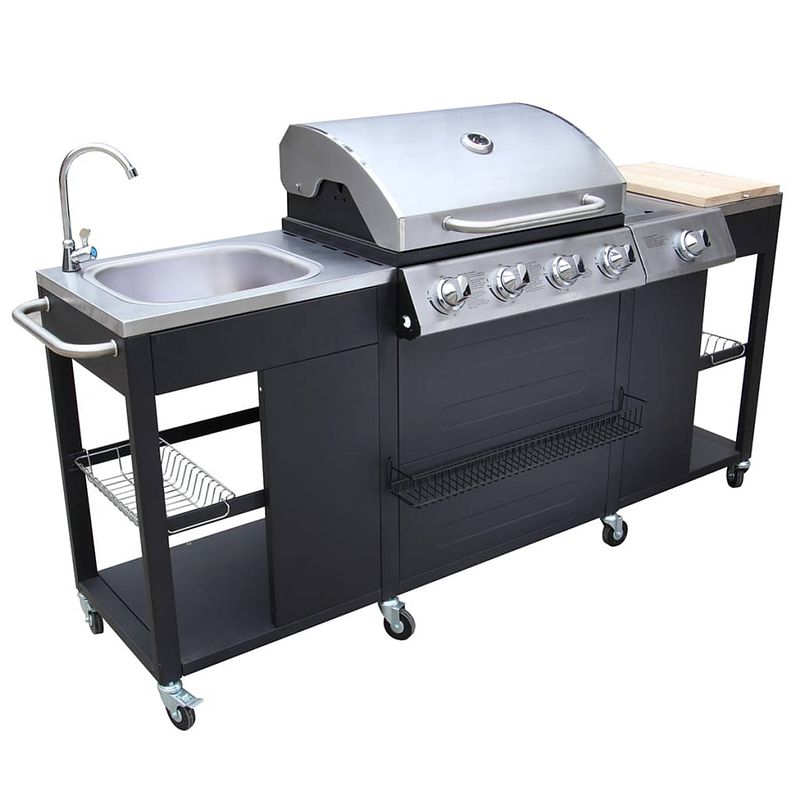 Foto van The living store gasbarbecue vier branders - 66x46.5 cm - rvs - 8 wielen