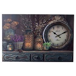 Foto van Xl canvas schilderij wandklok cabinet clock lantarn candle en flowers