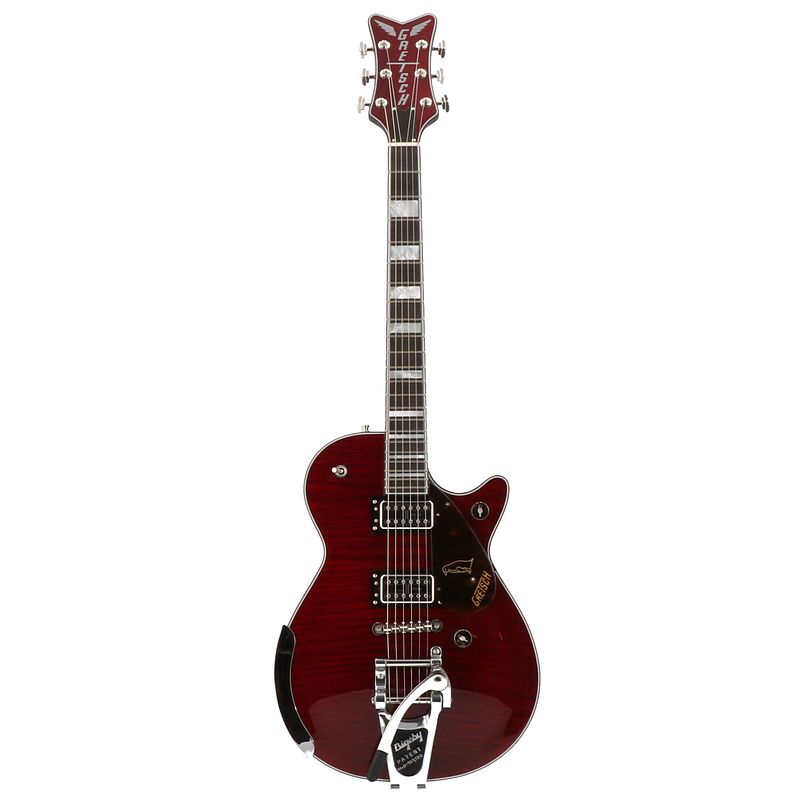 Foto van Gretsch g6134tfm-nh nigel hendroff signature penguin dark cherry elektrische gitaar met koffer