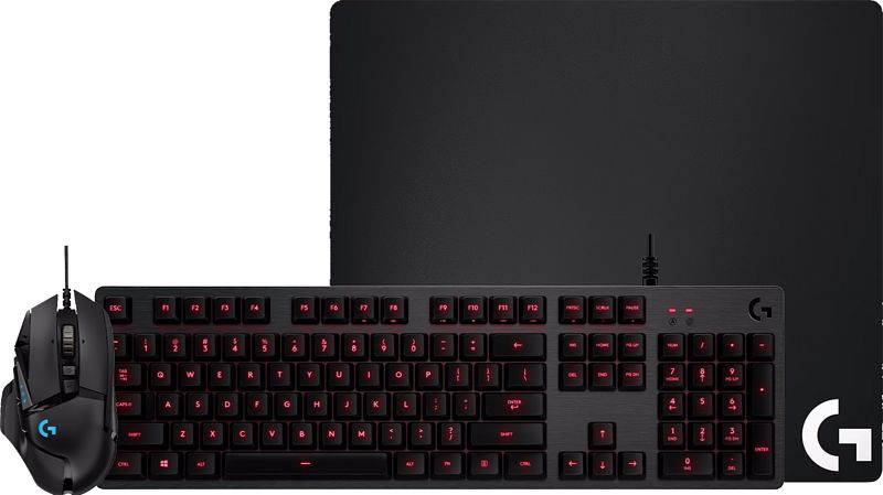 Foto van Logitech g413 qwerty + logitech g502 hero + g640 mousepad