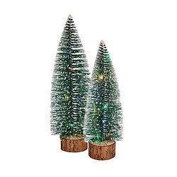 Foto van Kleine/mini decoratie kerstboompjes set van 2x st met gekleurd licht 25-30 cm - kerstdorpen