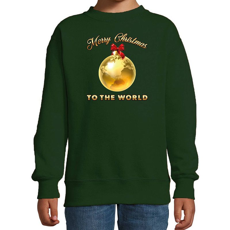 Foto van Bellatio decorations kersttrui/sweater voor kinderen - merry christmas - wereld - groen 7-8 jaar (122/128) - kerst truie