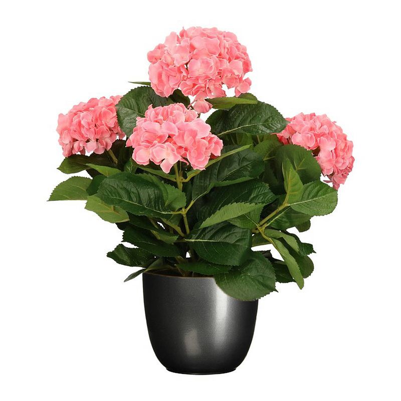 Foto van Hortensia kunstplant/kunstbloemen 45 cm - roze - in pot titanium grijs glans - kunstplanten