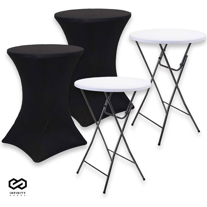 Foto van Infinity goods 2x stevige statafel + 2x zwarte statafelrok - partytafel - robuust en weersbestendig - inklapbaar - 80cm