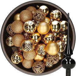 Foto van 37x stuks kunststof kerstballen 6 cm goud incl. glazen piek glans zwart - kerstbal