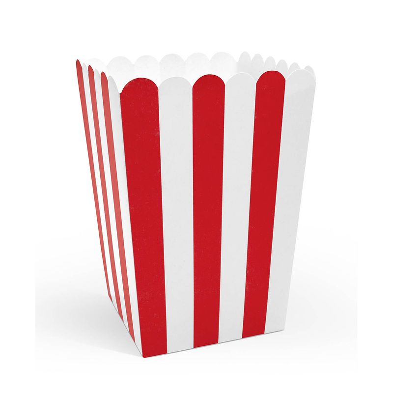 Foto van Partydeco popcorn/snoep bakjes - 6x - rood gestreept - karton - 7 x 7 x 12 cm - wegwerpbakjes