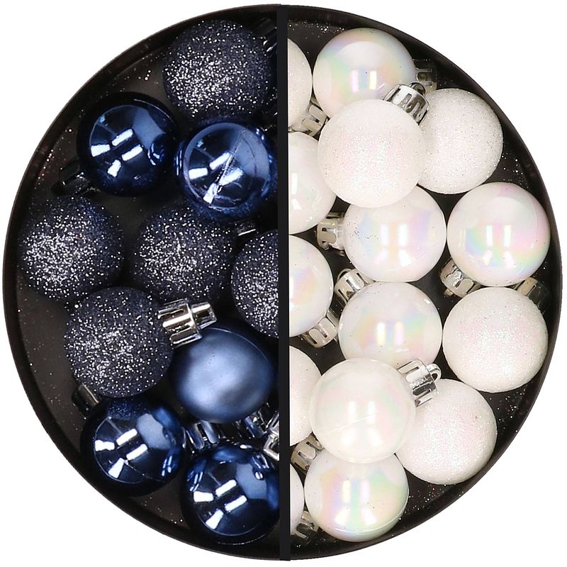 Foto van 34x stuks kunststof kerstballen donkerblauw en parelmoer wit 3 cm - kerstbal