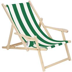 Foto van Ligbed strandstoel ligstoel verstelbaar armleuningen beukenhout handgemaakt groen/wit