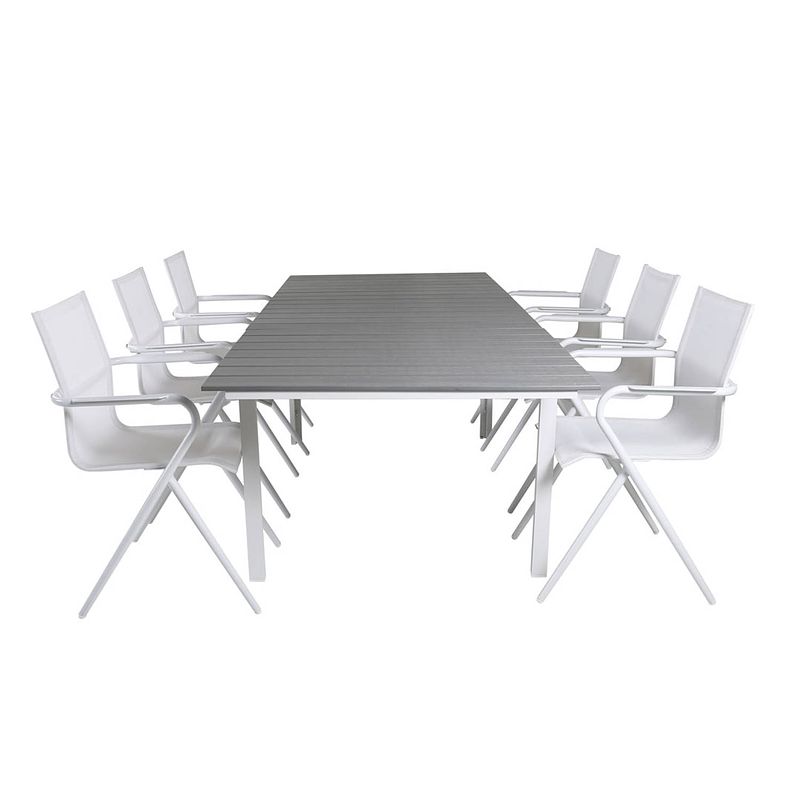 Foto van Levels tuinmeubelset tafel 100x160/240cm en 6 stoel alina wit, grijs.