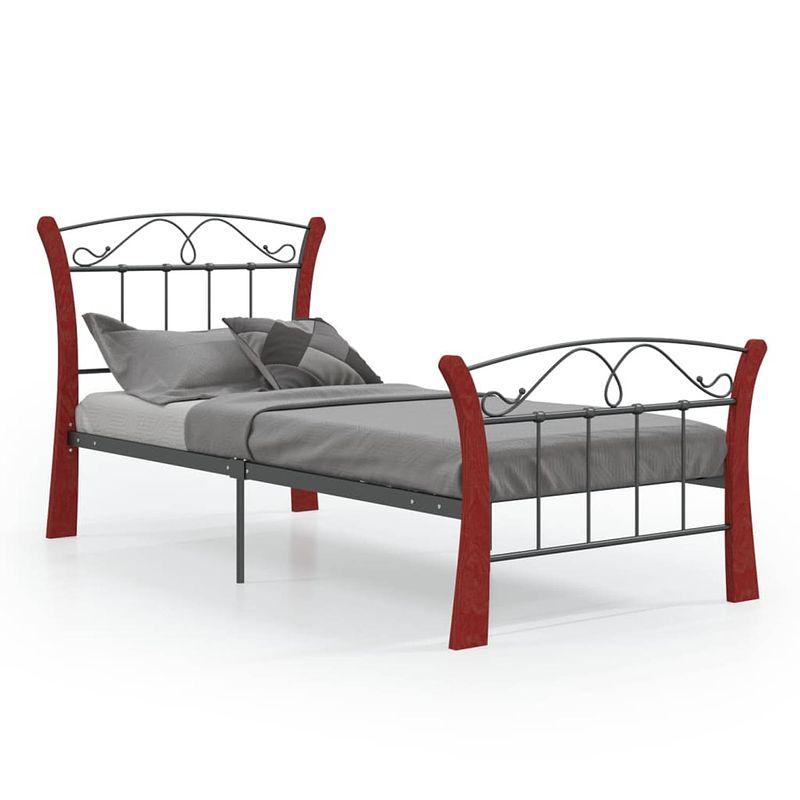 Foto van The living store bedframe - comfort - eénpersoonsbed - afmeting- 206 x 90 x 100 cm - kleur- zwart en donkerhout -