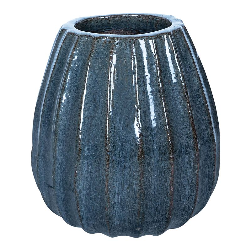 Foto van Ptmd lionne blue ceramic pot ribbed bulb round s