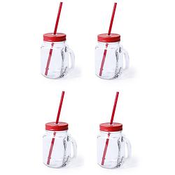 Foto van 4x stuks drink potjes van glas mason jar rode deksel 500 ml - drinkbekers