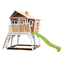 Foto van Axi max speelhuis op palen, zandbak & limoen groene glijbaan speelhuisje voor de tuin / buiten in bruin & wit van fsc