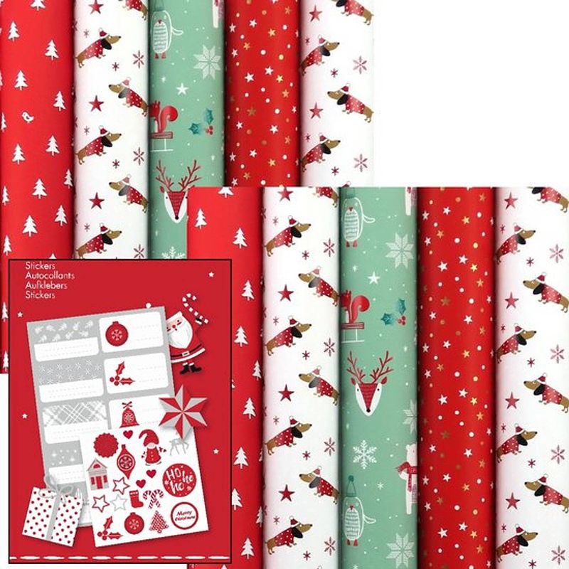 Foto van Santas helper - assortiment cadeaupapier inpakpapier voor kerst- 2 meter x 70 cm - 10 rollen - inclusief labels