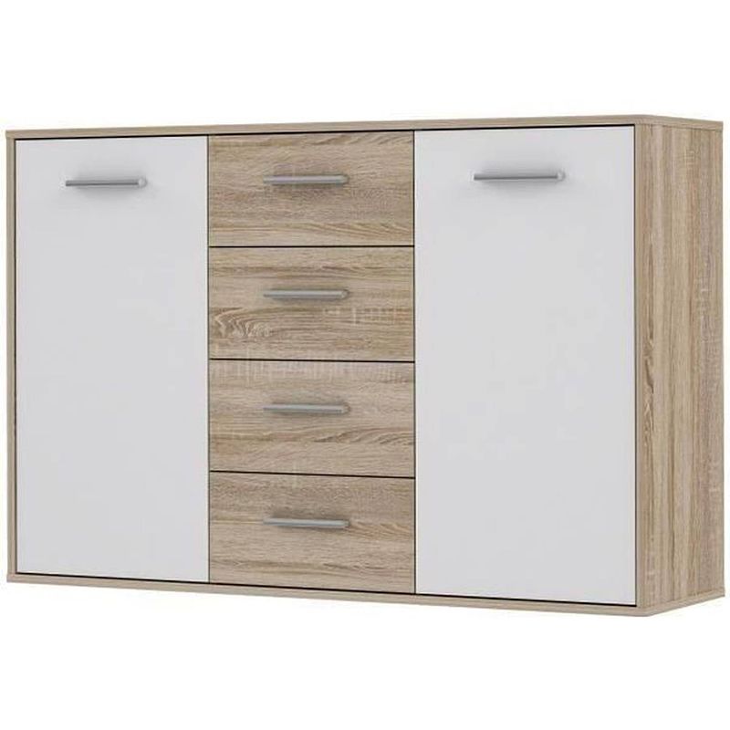 Foto van Pilvi laag dressoir 2 deuren 4 laden - wit en sonoma eiken - b 122,6 x d 34,2 h 88,1 cm