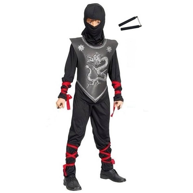 Foto van Verkleedkleding ninja pak maat s met vechtstokken voor kinderen - carnavalskostuums