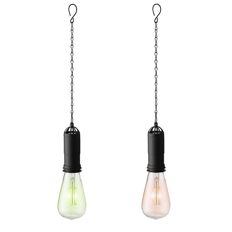 Foto van Set van 2x stuks groene en roze solar tuinverlichting hanglampen kunststof 20 cm - buitenverlichting