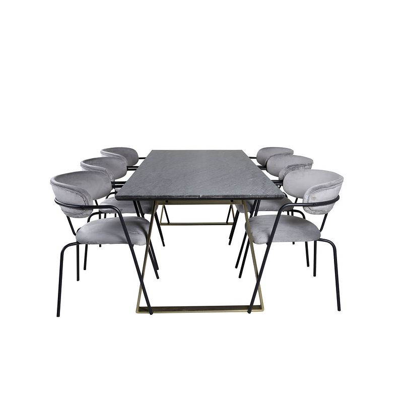 Foto van Estelleblbr eethoek eetkamertafel zwart, marmer en 6 arrow eetkamerstal velours grijs.