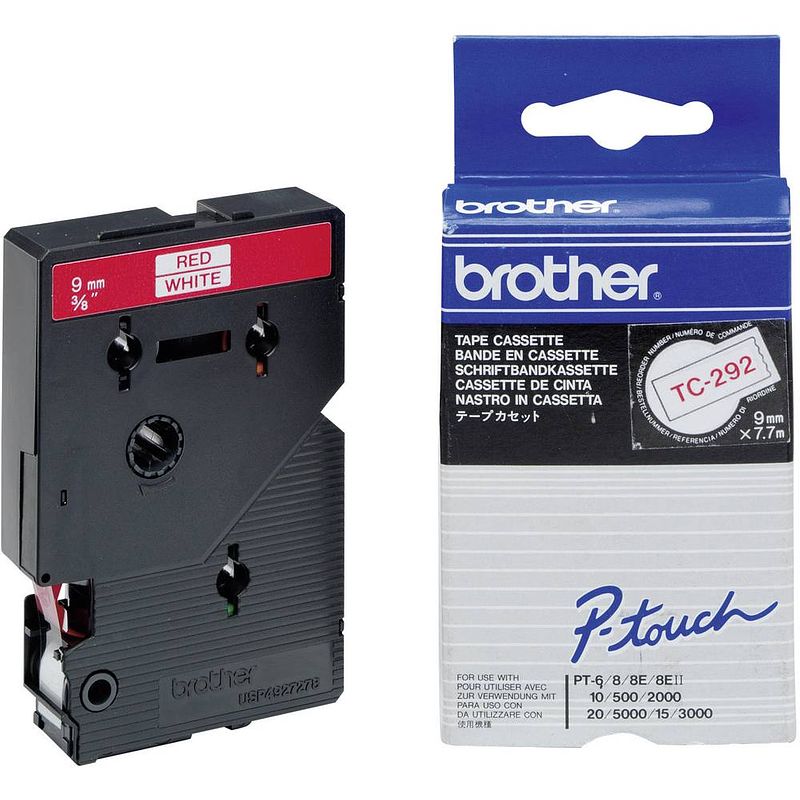 Foto van Brother tc-292 labeltape tapekleur: wit tekstkleur: rood 9 mm 7.7 m
