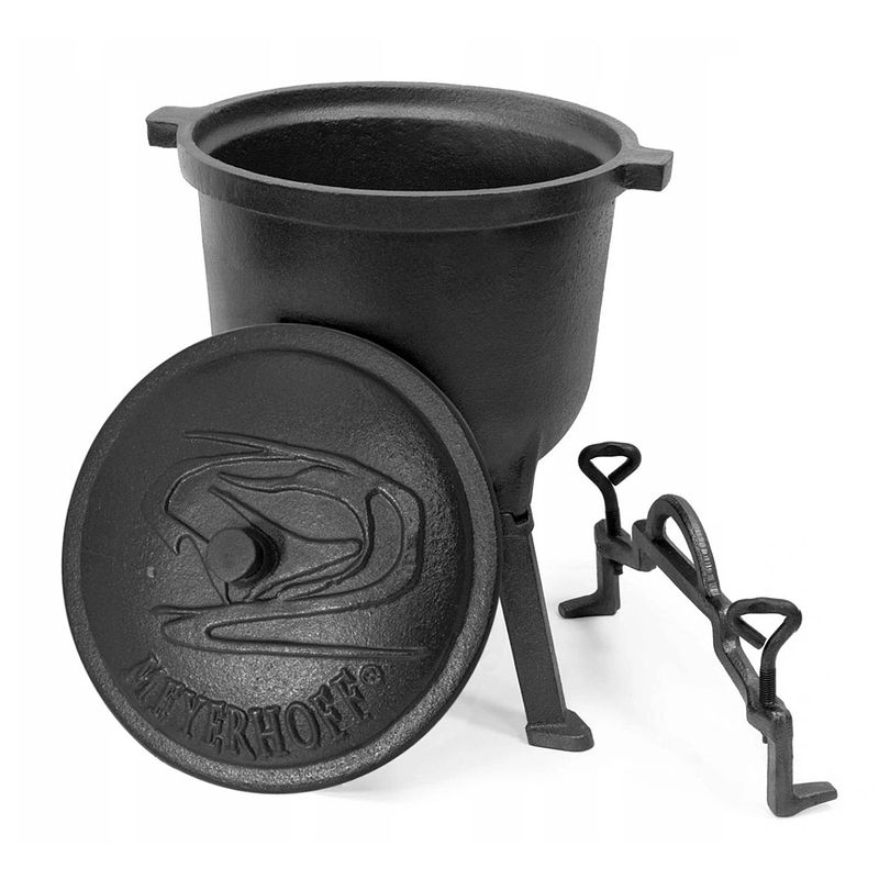 Foto van Meyerhoff grote outdoor dutch oven gietijzeren pan/ heksenketel op hoge poot voor koken boven of op het kampvuur 15l