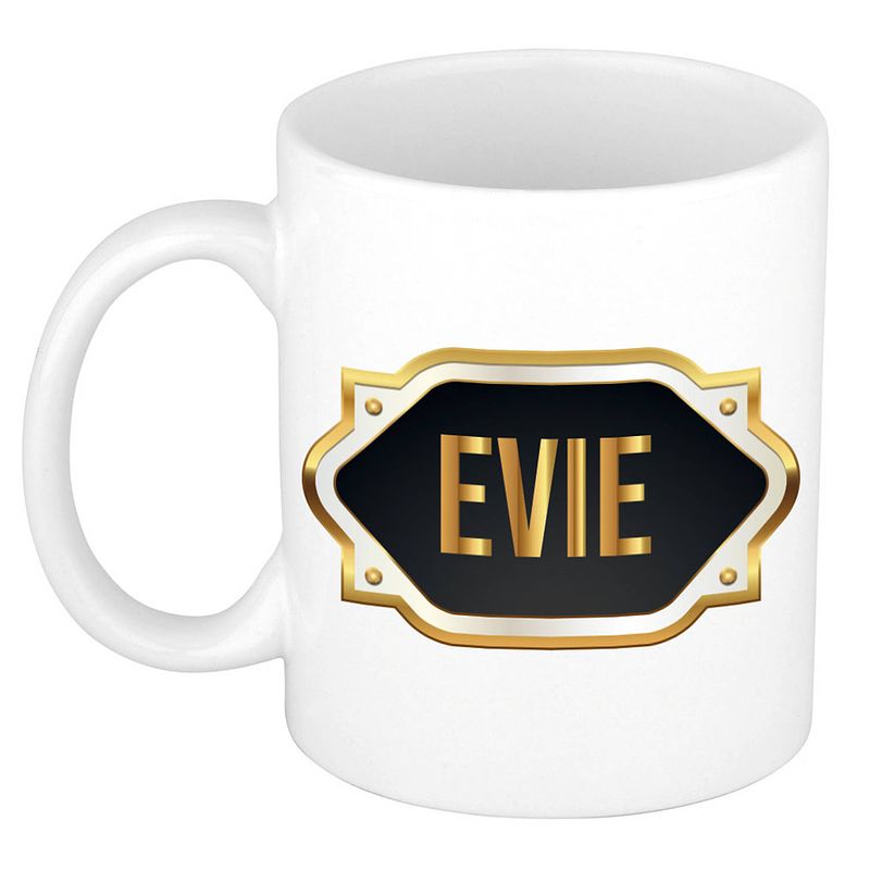 Foto van Naam cadeau mok / beker evie met gouden embleem 300 ml - naam mokken