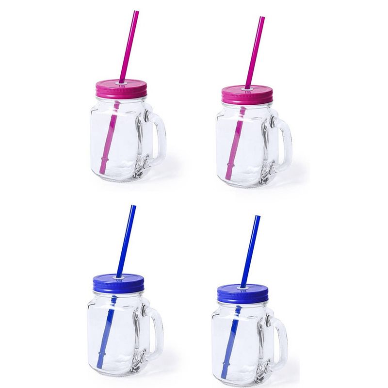 Foto van 4x stuks drink potjes van glas mason jar blauw/roze 500 ml - drinkbekers